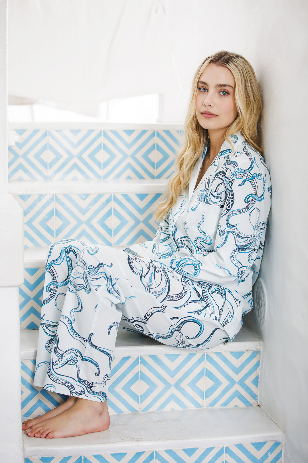 Womens Long Pyjamas - Octopus Indigo