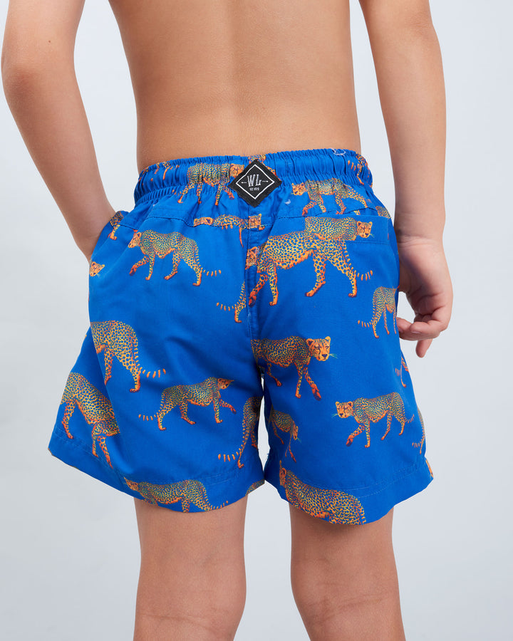 Boys Swim Shorts Blue Cheetahs Back - Woodstock Laundry