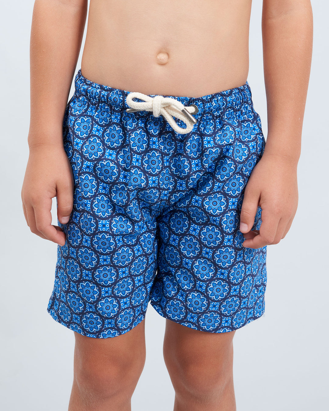 Boys Swim Shorts Indigo Floral Front - Woodstock Laundry