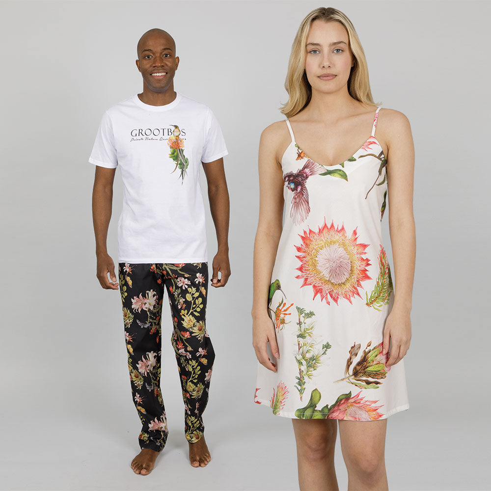 Couple wearing Grootbos pyjamas and loungewear