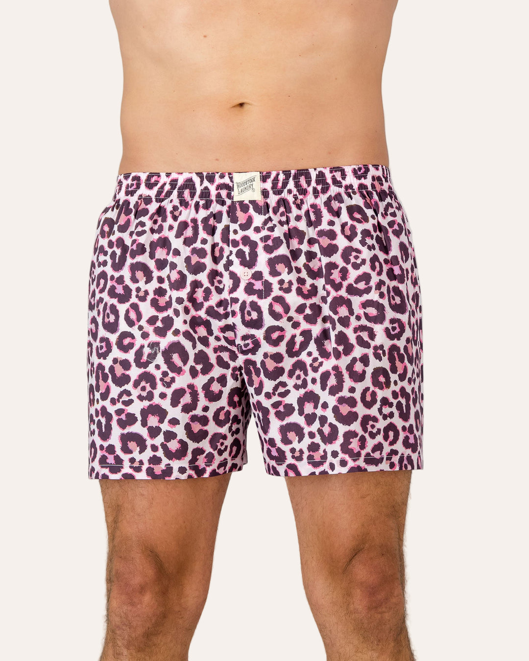 Mens Boxer Shorts Leopard Skin Pink Front - Woodstock Laundry
