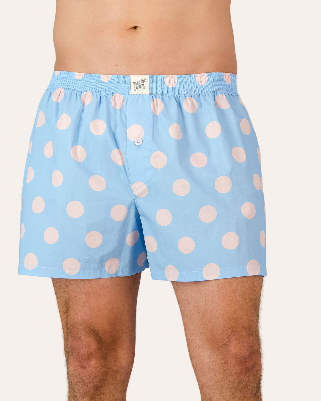 Mens Boxer Shorts - Pink Polka on Baby Blue Front - Woodstock Laundry