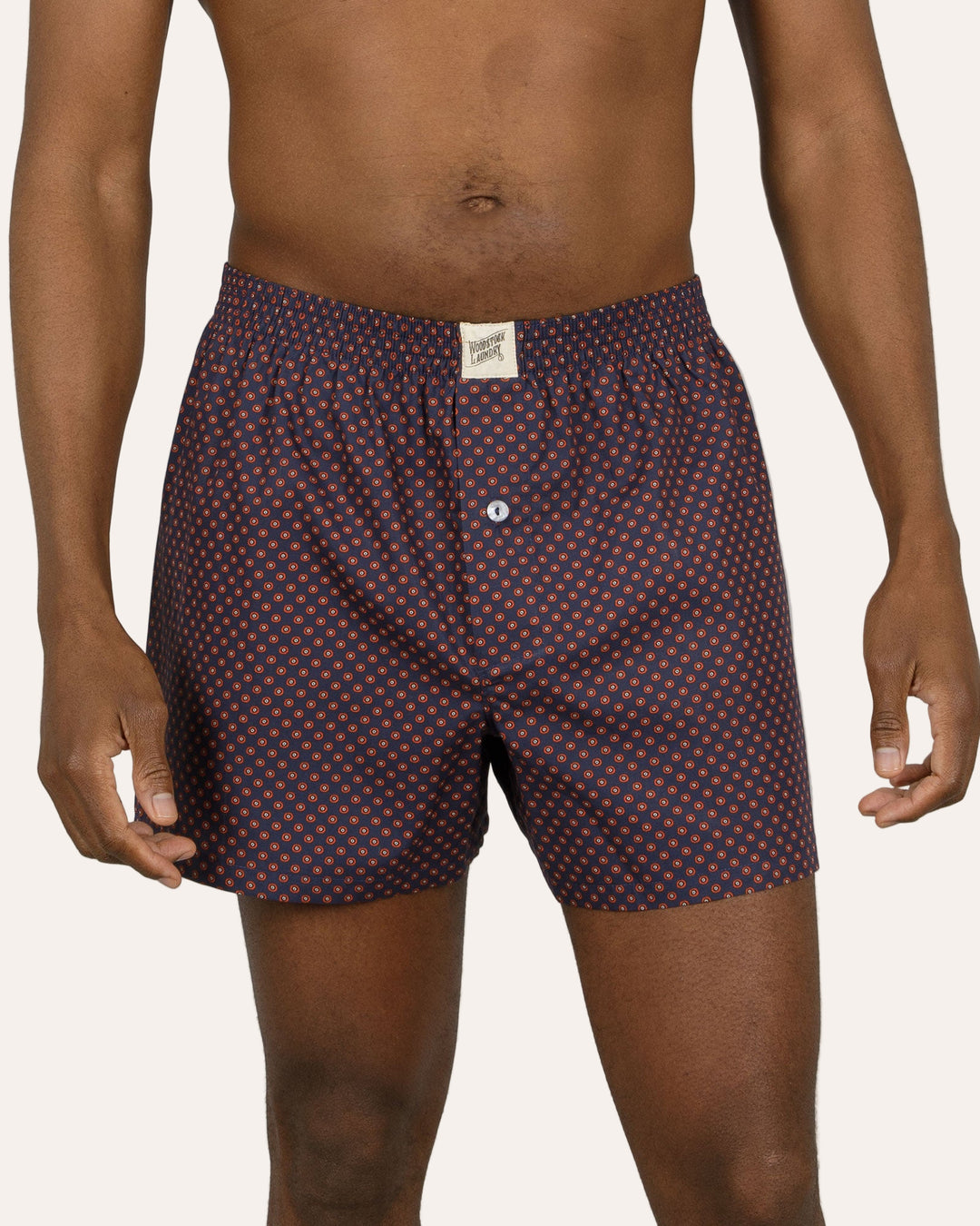 Mens Boxer Shorts Poppy On Navy Front - Woodstock Laundry