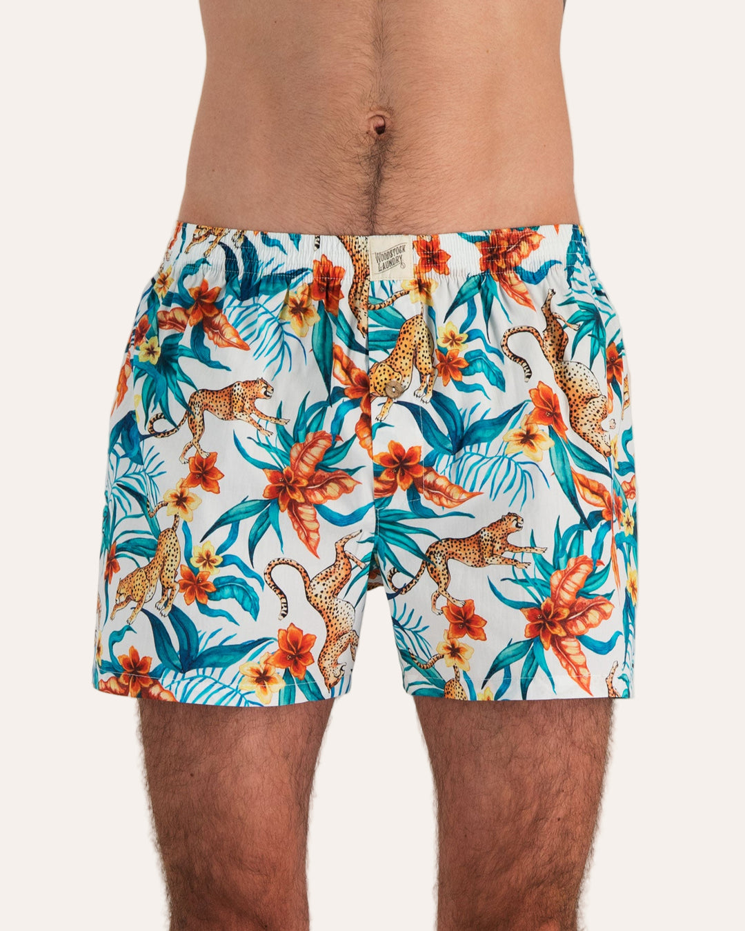 Mens Boxer Shorts - Jungle Cheetah on White Front - Woodstock Laundry