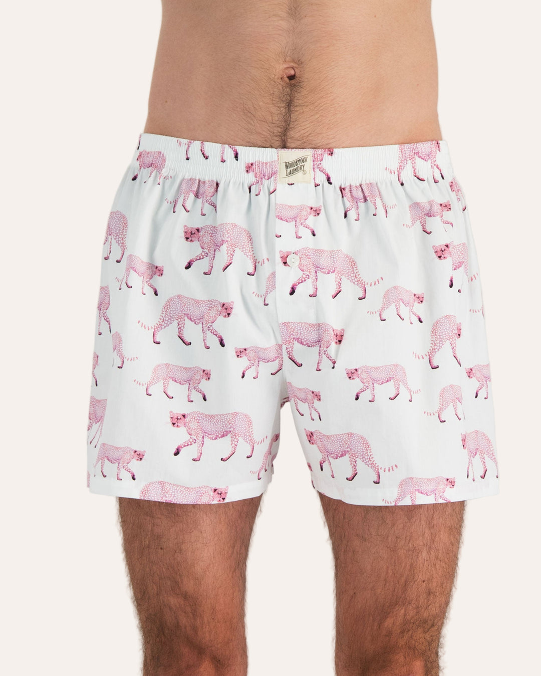 Mens Boxer Shorts - Pink Cheetahs on White Front - Woodstock Laundry
