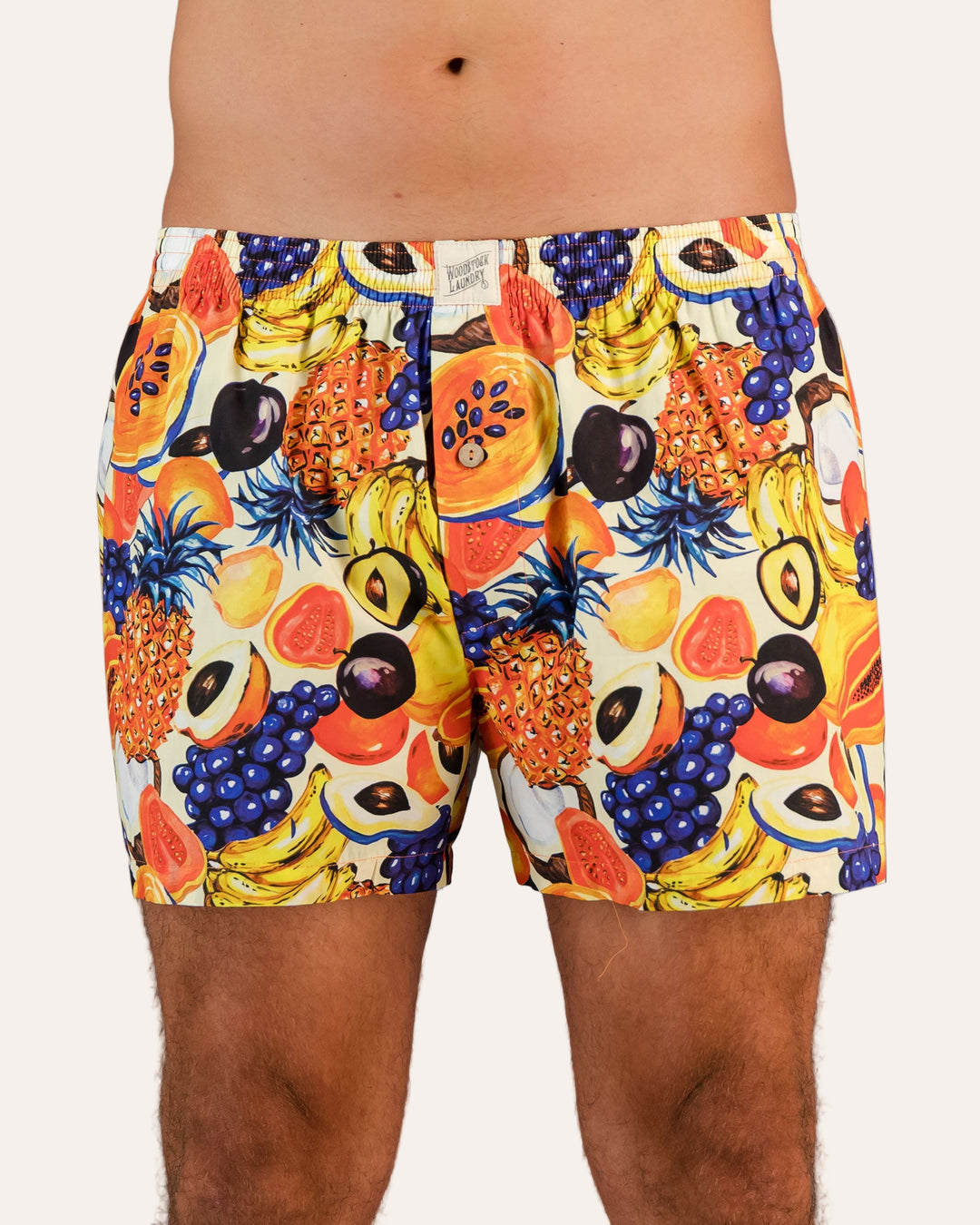 Mens Boxer Shorts - Tuti Fruti on Black Front - Woodstock Laundry