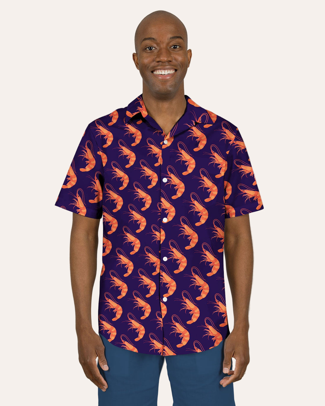 Mens Holiday Shirt - Orange Ibiza Prawns on Navy Front - Woodstock Laundry