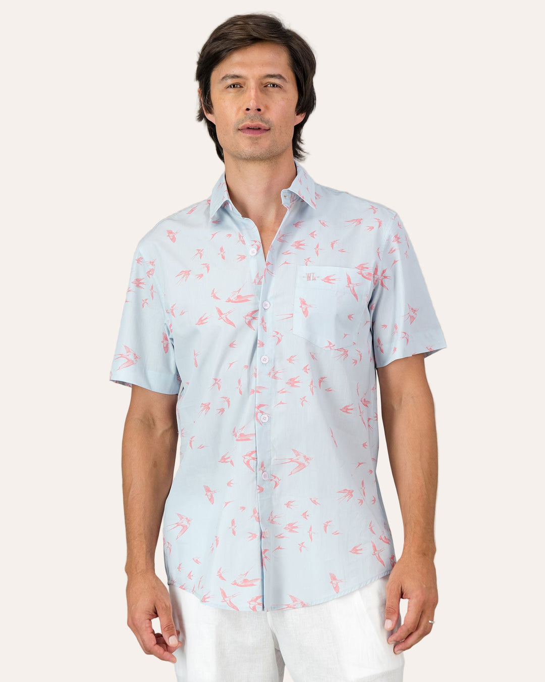 Mens Holiday Shirt - Pink Swallows Front - Woodstock Laundry