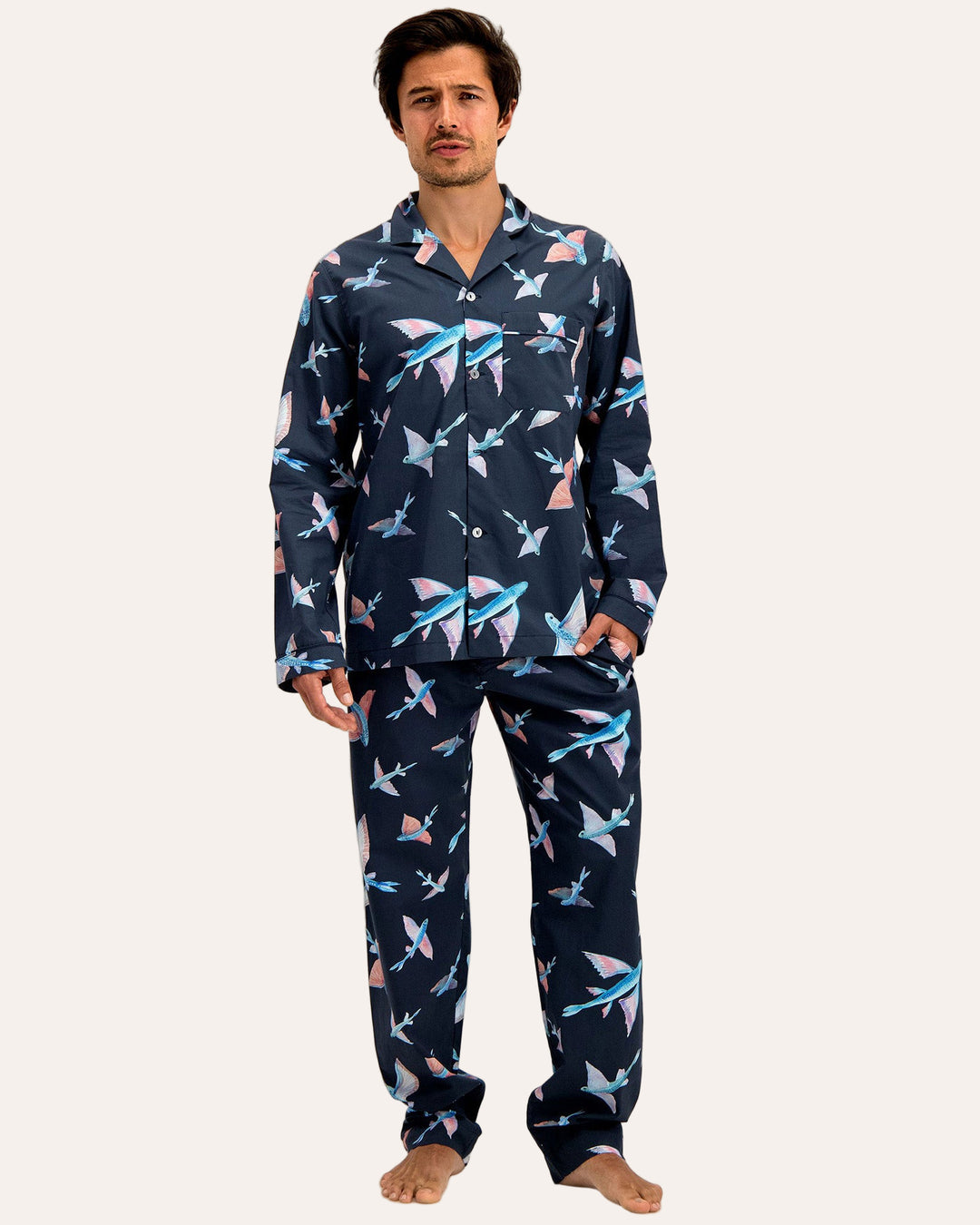 Mens Long Pyjamas - Flying Fish on Navy Front - Woodstock Laundry