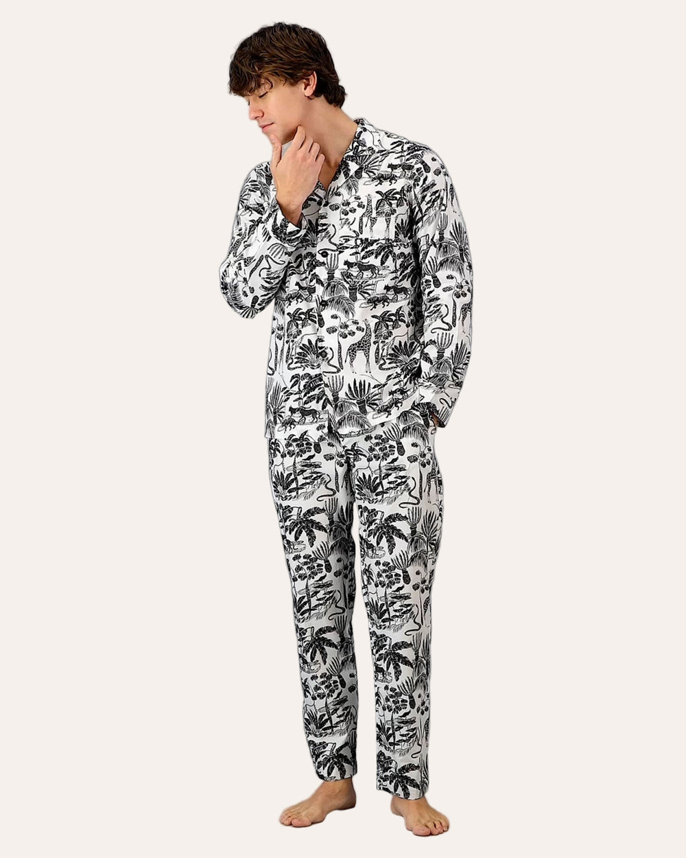 Mens Long Pyjamas - Black Mono Safari on White Front - Woodstock Laundry