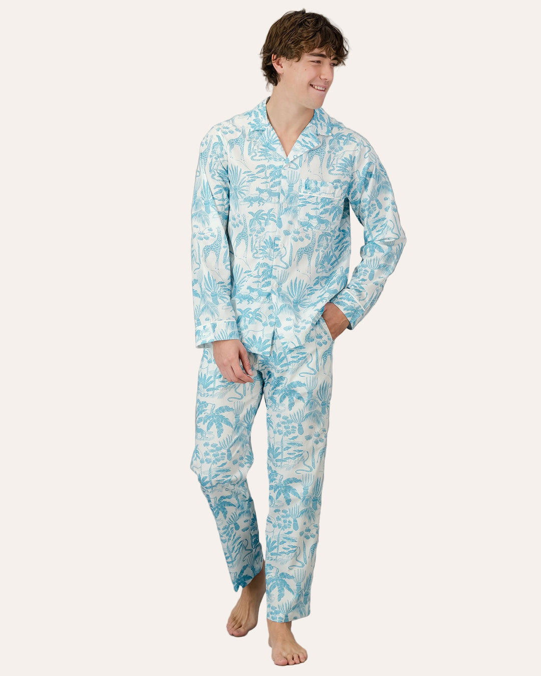 Mens Long Pyjamas - Blue Mono Safari on White Front - Woodstock Laundry