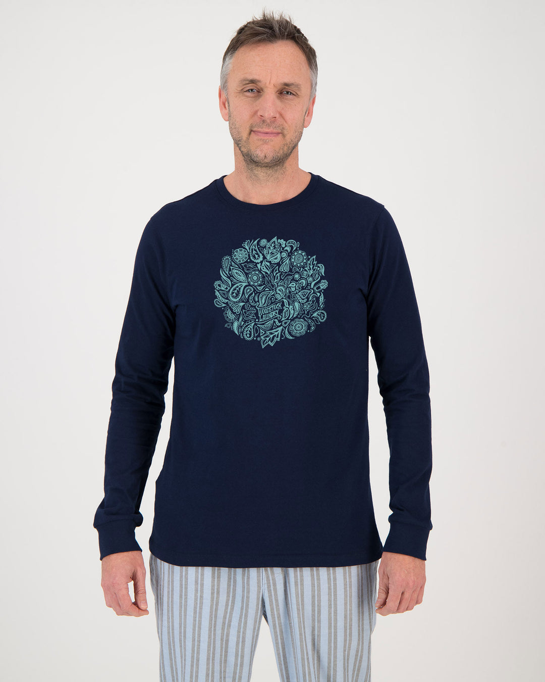 Mens Long-Sleeve Navy T-Shirt Suzie Q Teal Front - Woodstock Laundry