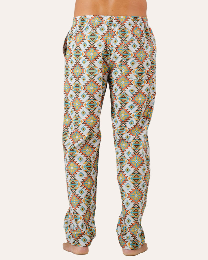 Mens Lounge Pants - Aztec Off White Back - Woodstock Laundry