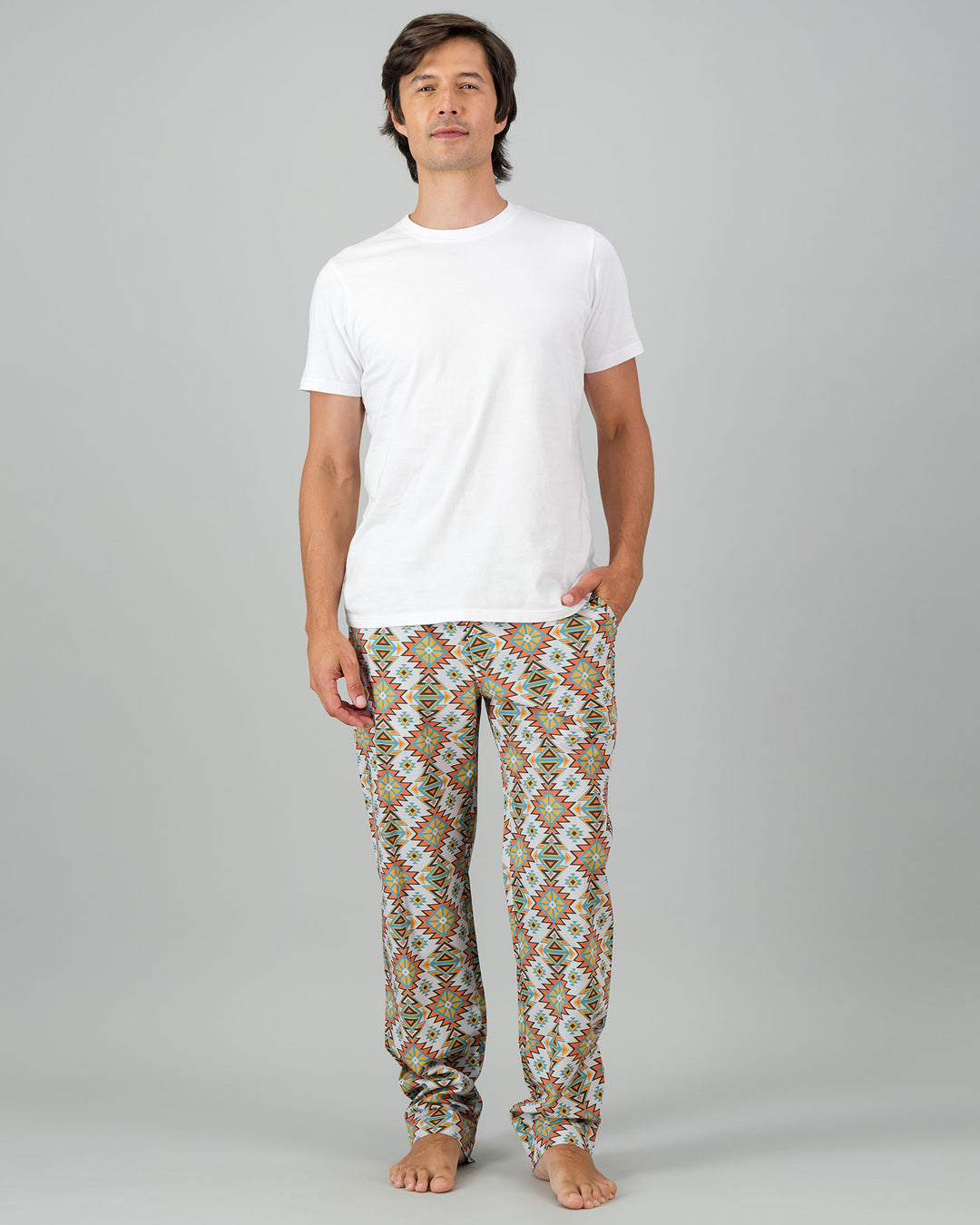 Mens Lounge Pants - Aztec Off White Full Body - Woodstock Laundry