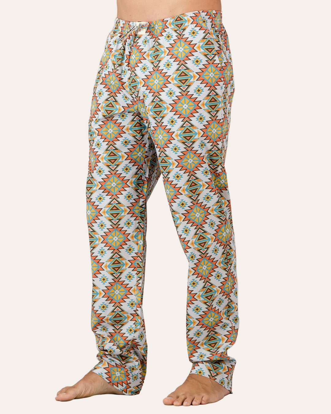 Mens Lounge Pants - Aztec Off White Side - Woodstock Laundry