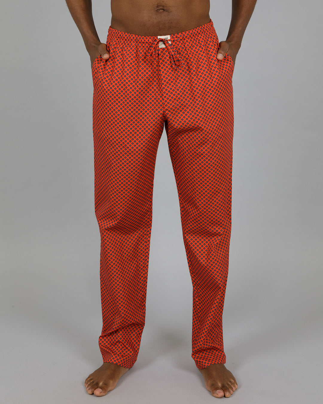 Mens Lounge Pants Navy Poppy Circles Red Front - Woodstock Laundry