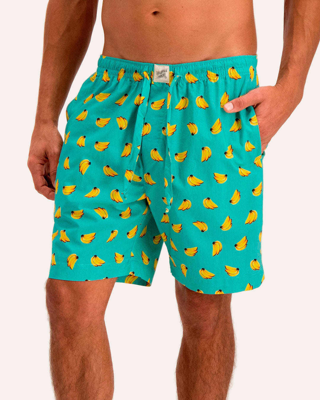 Mens Lounge Shorts - Bananas on Blue Front - Woodstock Laundry