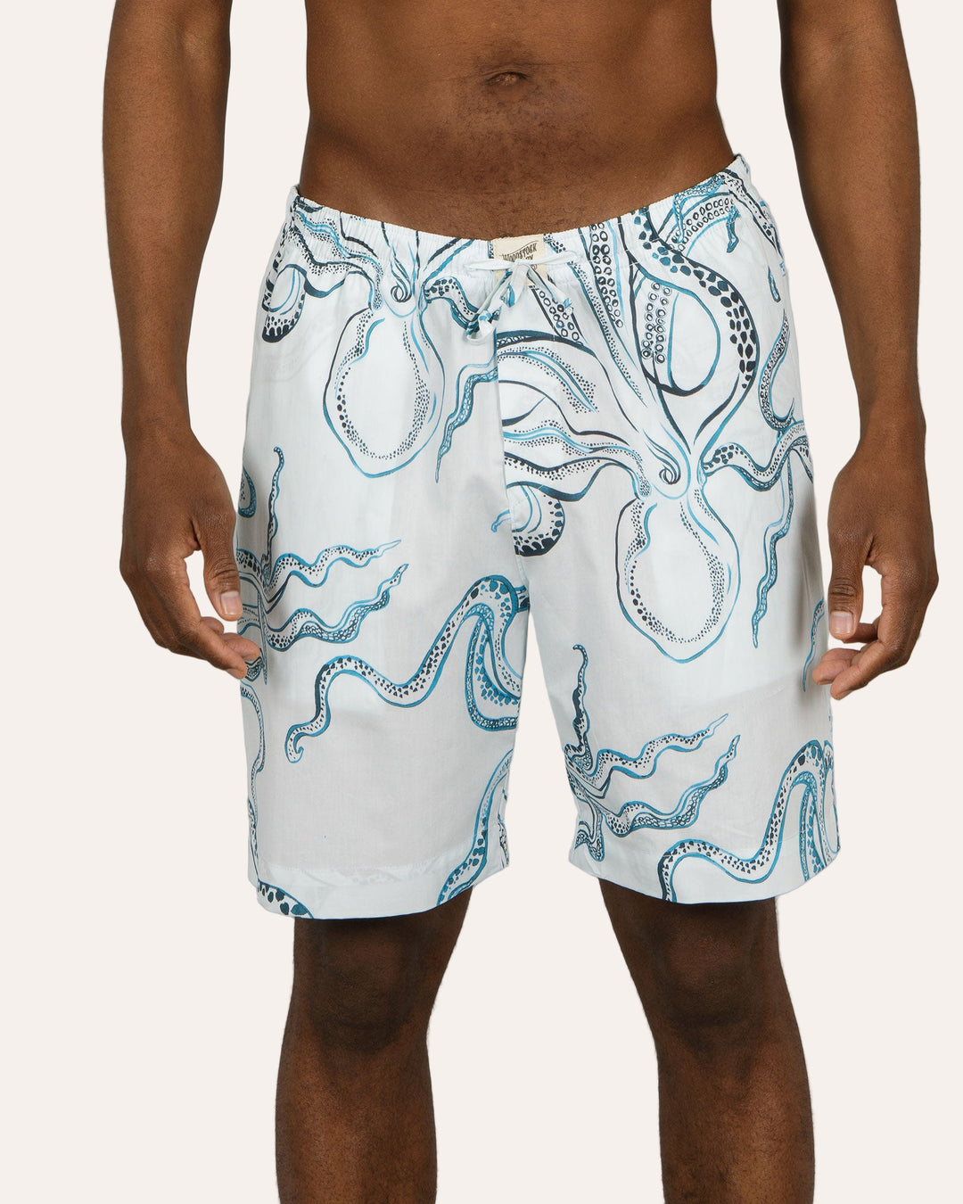 Mens Lounge Shorts - Indigo Octopus on White Front - Woodstock Laundry