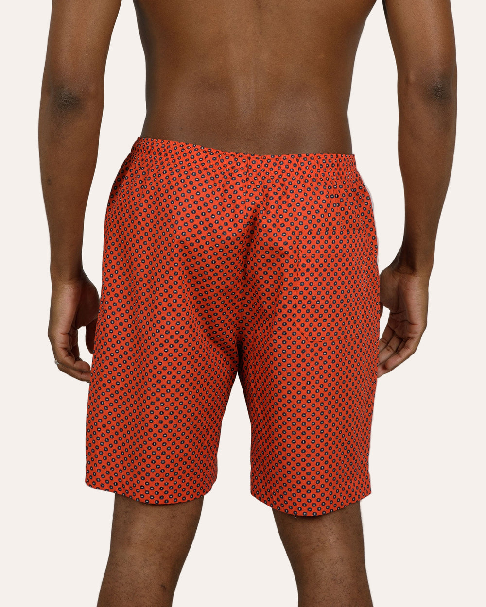 Mens Lounge Shorts - Navy Poppy Circles on Red Back - Woodstock Laundry