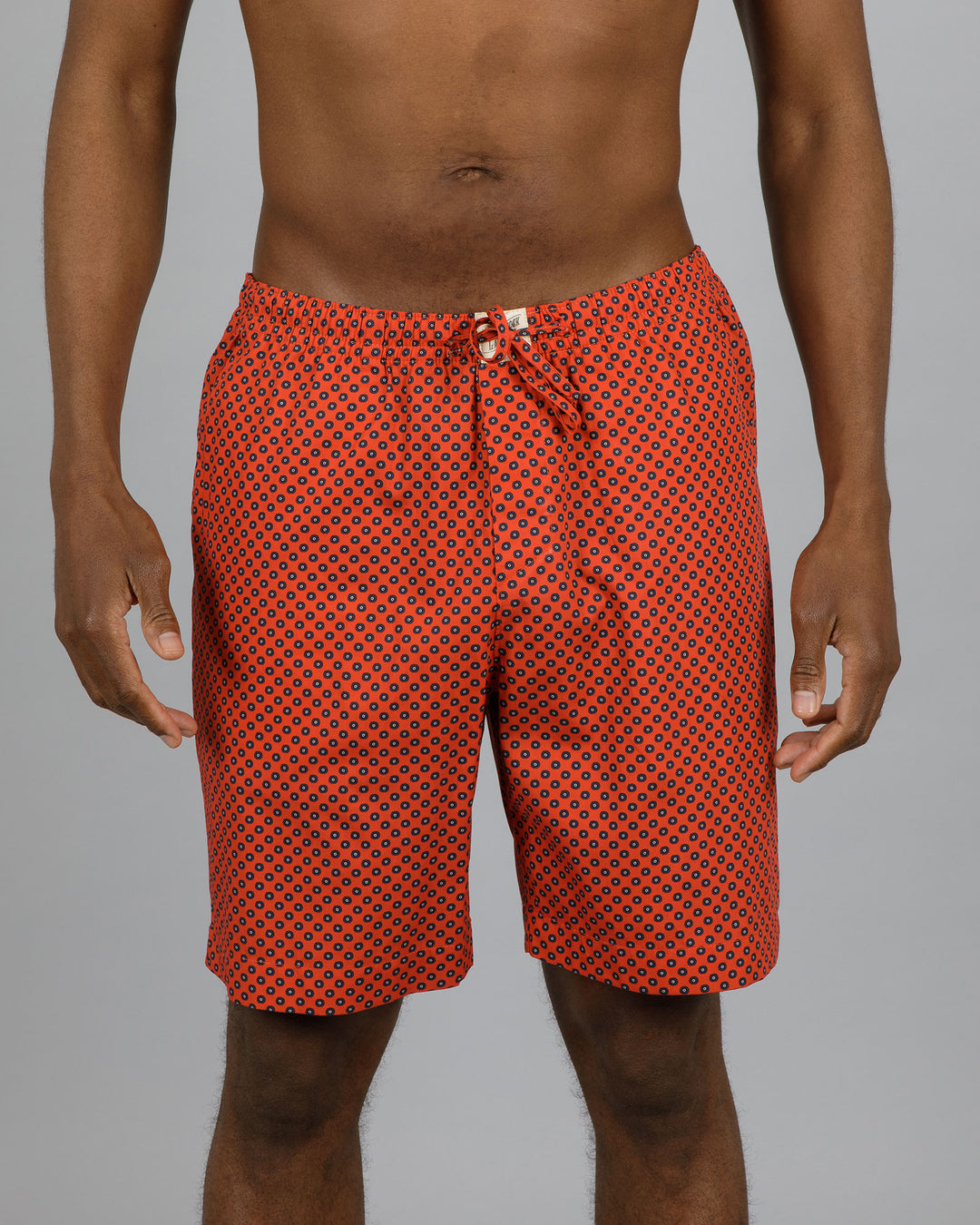 Mens Lounge Shorts Poppy Circles Red Front - Woodstock Laundry
