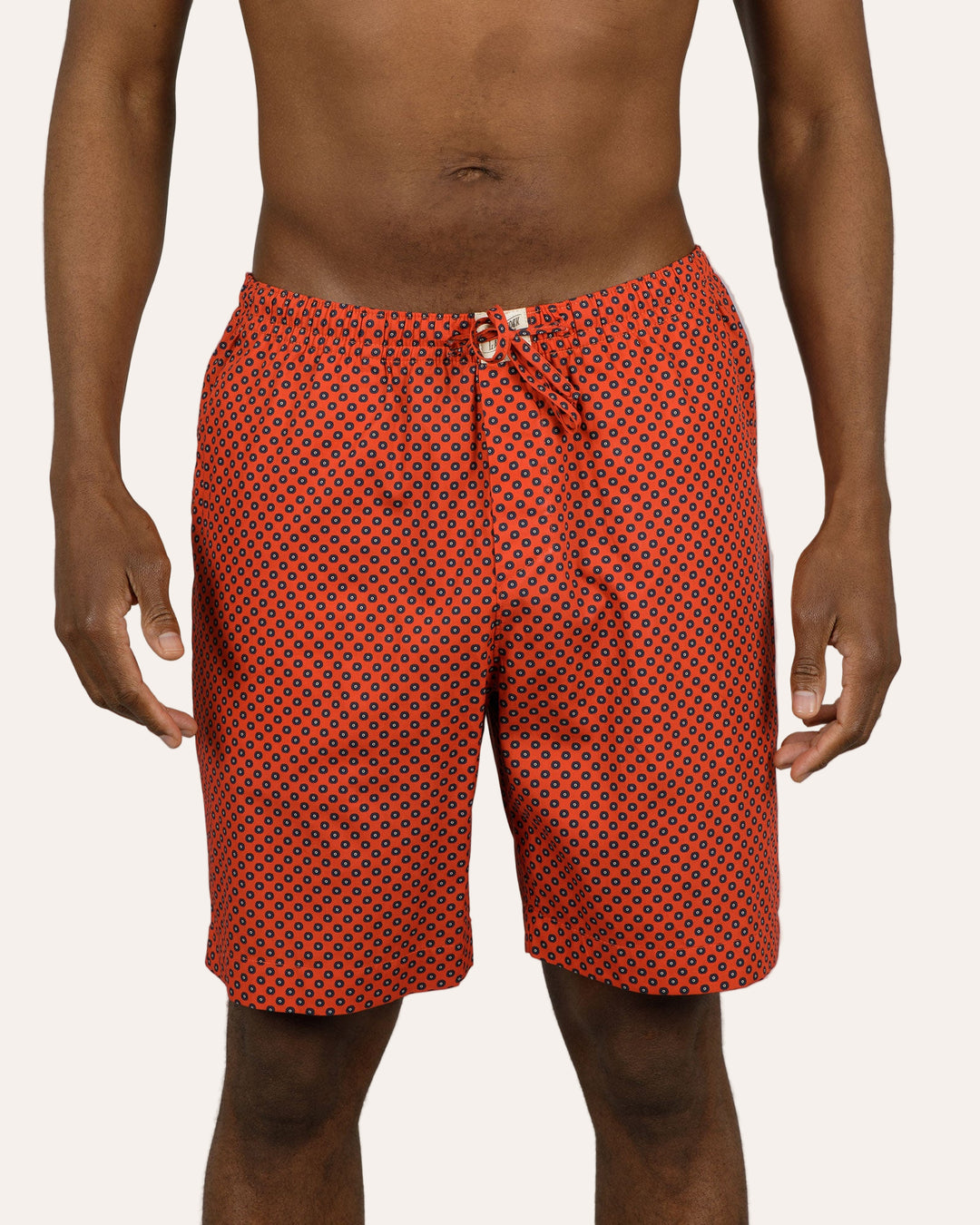 Mens Lounge Shorts - Navy Poppy Circles on Red Front - Woodstock Laundry