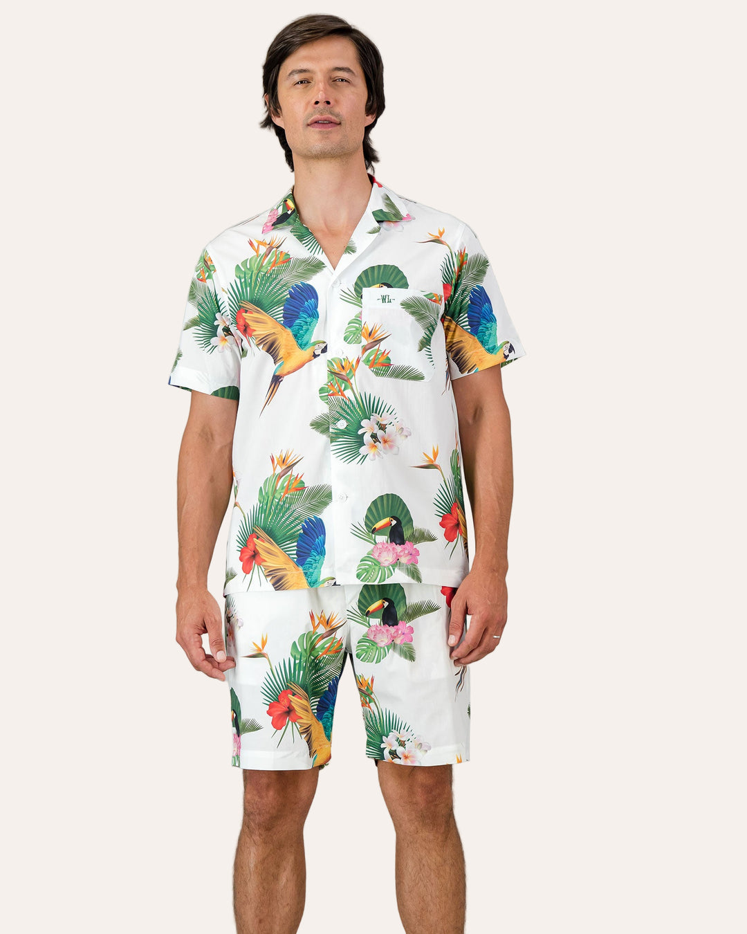 Mens Short Pyjamas - Paradise on White Front - Woodstock Laundry