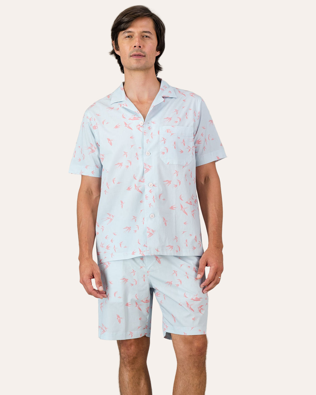 Mens Short Pyjamas - Pink Swallows Front - Woodstock Laundry