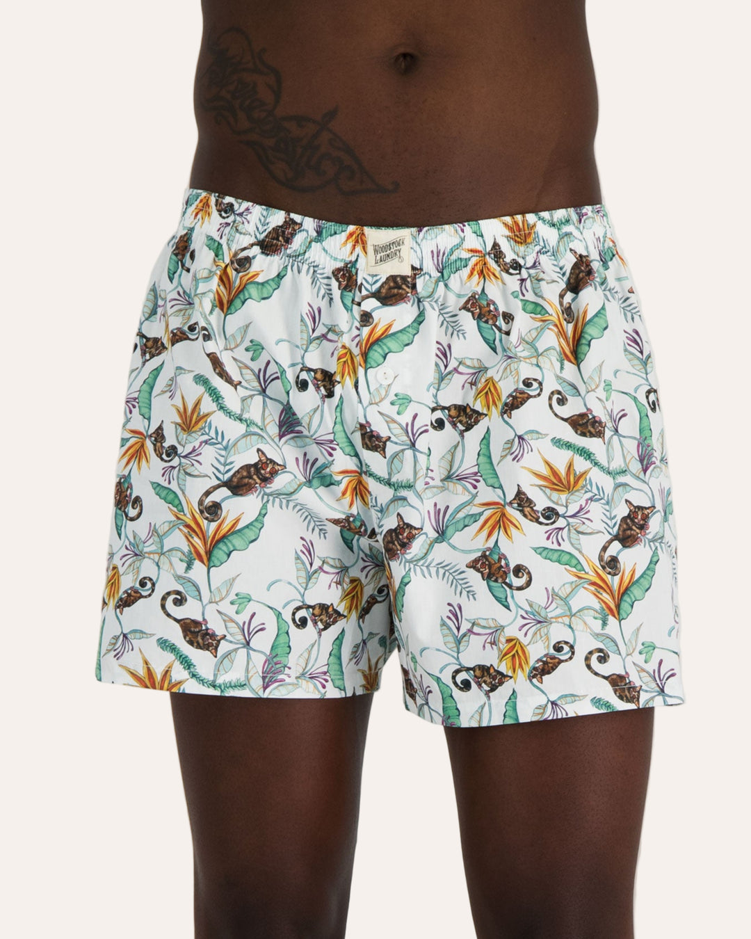 Mens Boxer Shorts - Nag Apies on White Front - Woodstock Laundry