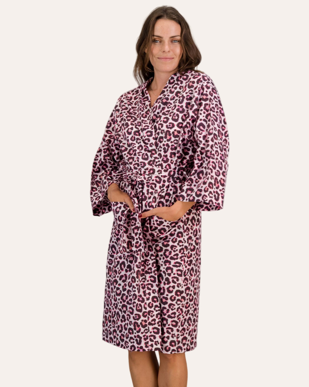 Womens Kimono - Leopard Skin on Pink Front - Woodstock Laundry