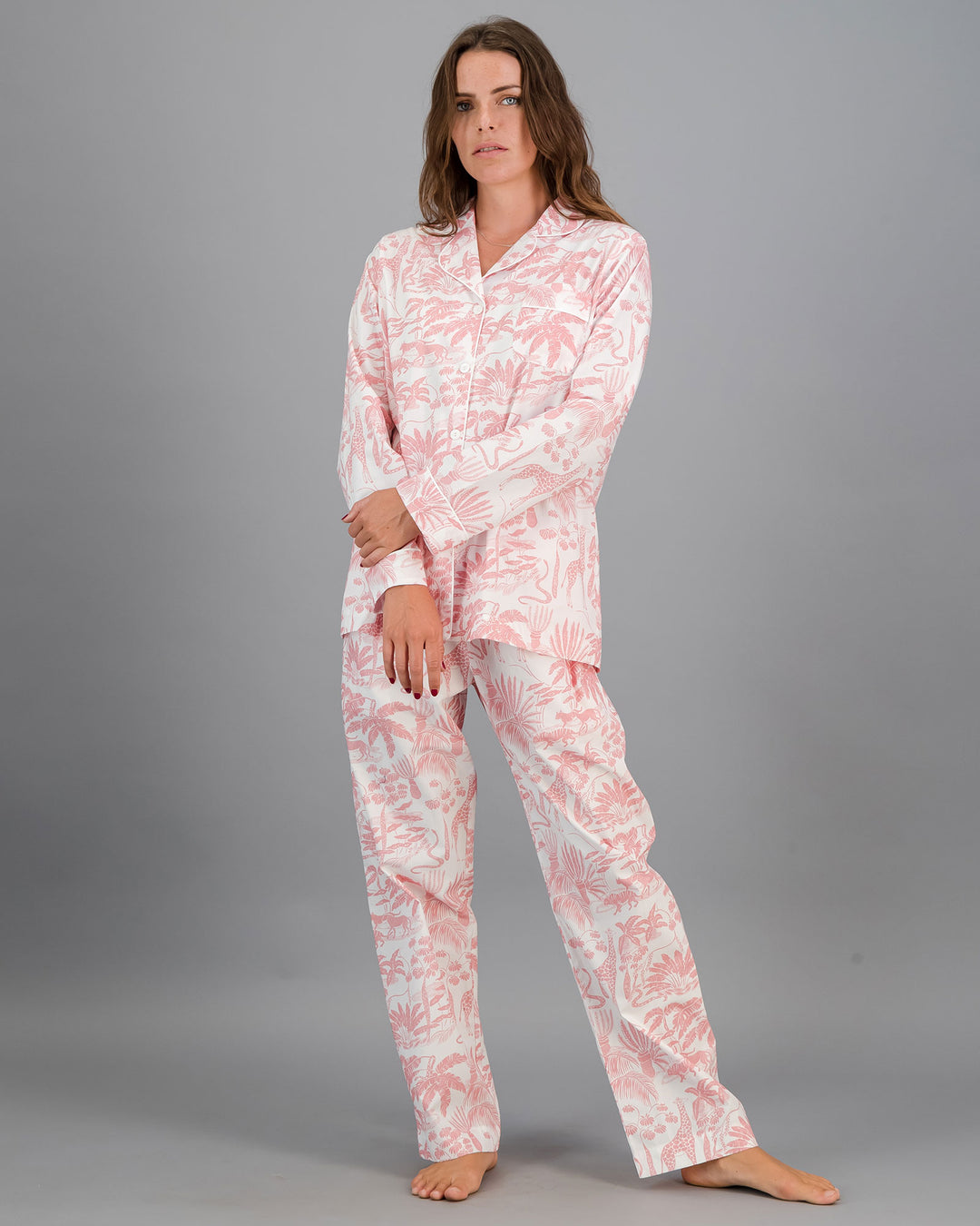 Womens Long Pyjamas Mono Safari Pink Front - Woodstock Laundry