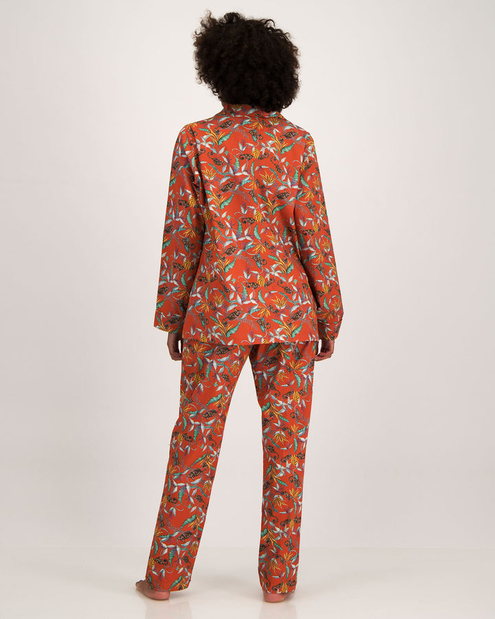 Womens Long Pyjamas - Nag Apies on Orange Back - Woodstock Laundry