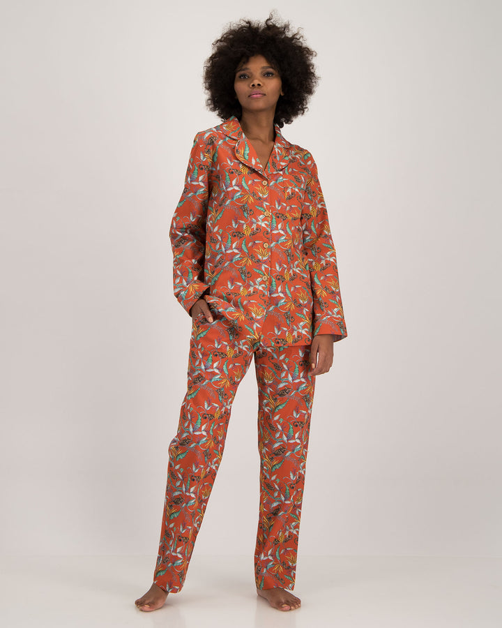 Womens Long Pyjamas - Nag Apies on Orange Front - Woodstock Laundry