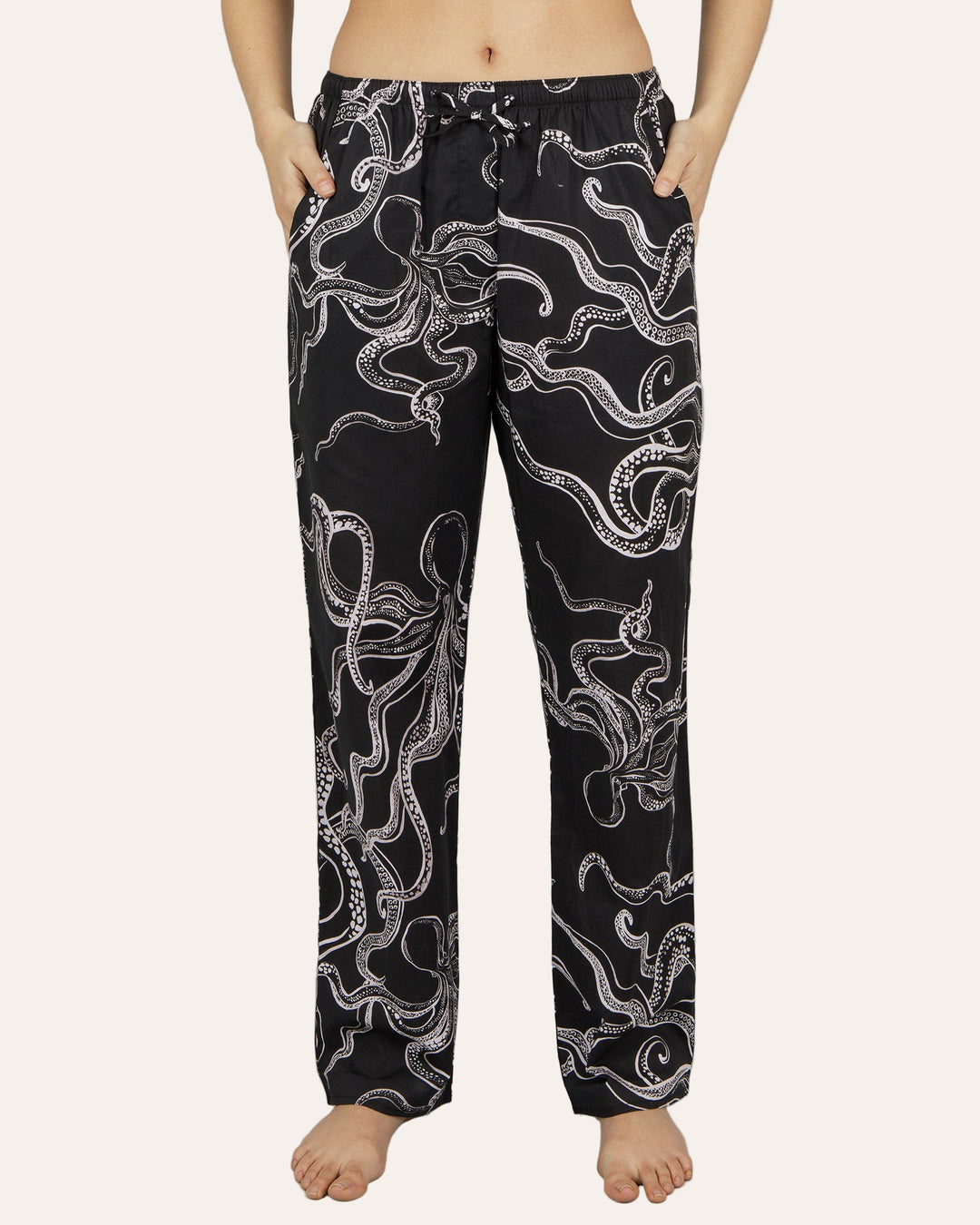 Womens Lounge Pants - White Octopus on Black Front - Woodstock Laundry
