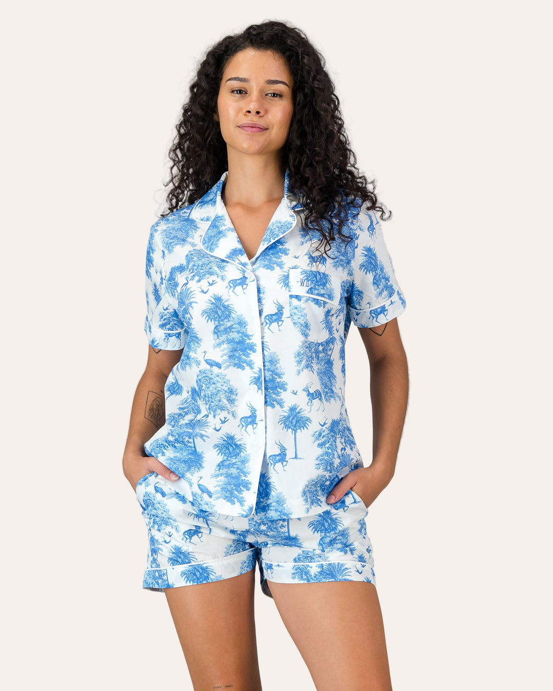 Womens Short Pyjamas - Blue Tropicana Front - Woodstock Laundry
