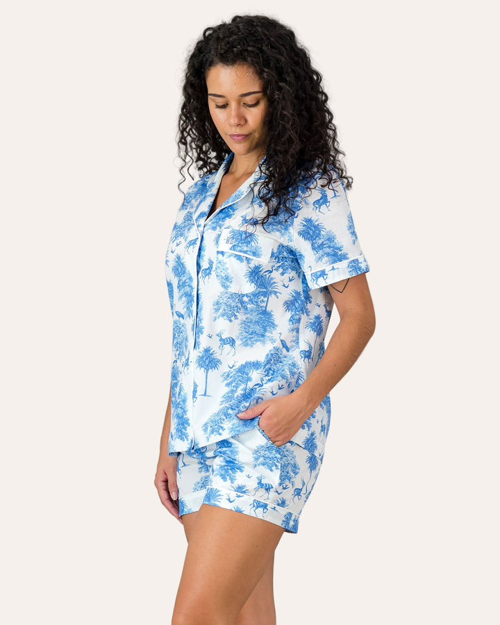 Womens Short Pyjamas - Blue Tropicana Side - Woodstock Laundry