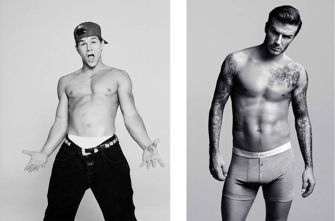 Mark Wahlberg and David Beckham, featuring in iconic Calvin Klein boxer brief adverts.