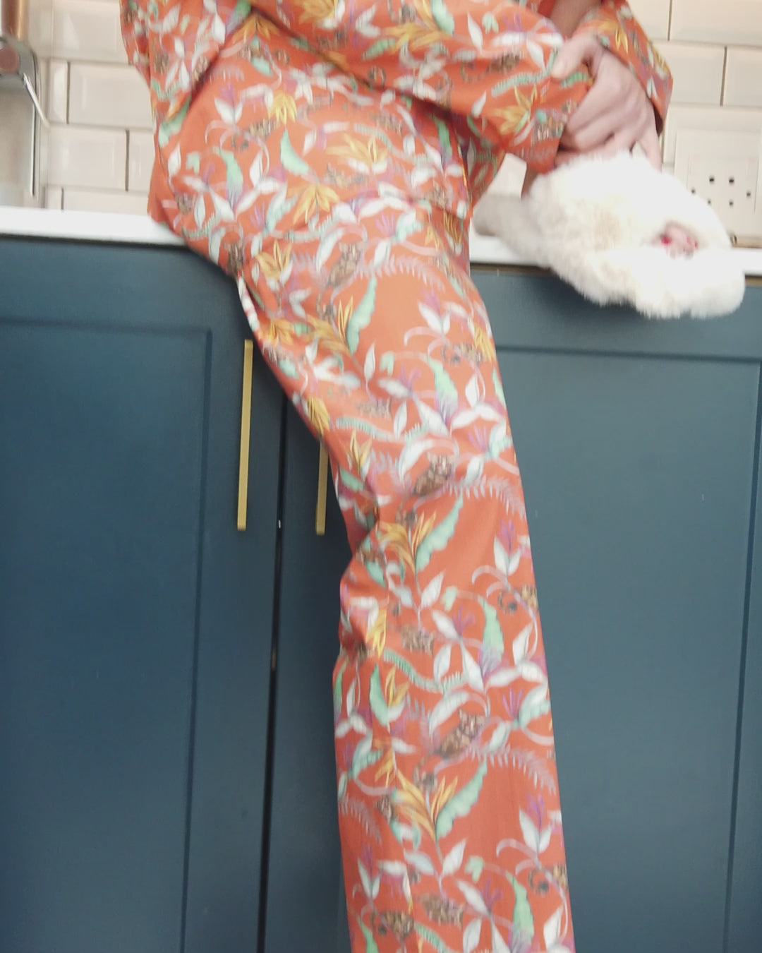 Womens Long Pyjamas - Nag Apies on Orange Video - Woodstock Laundry