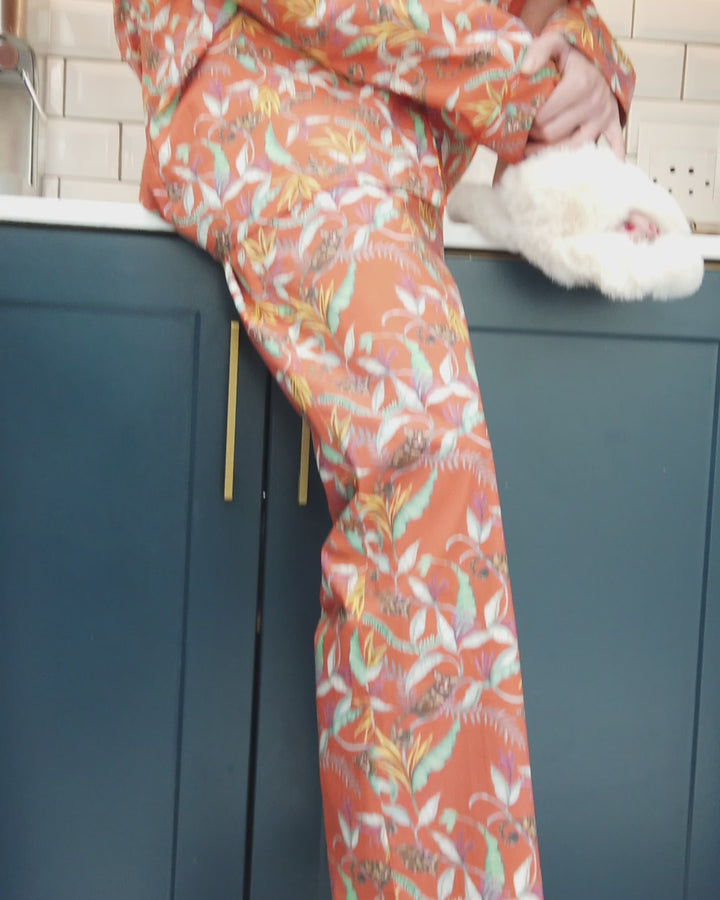 Womens Long Pyjamas - Nag Apies on Orange Video - Woodstock Laundry