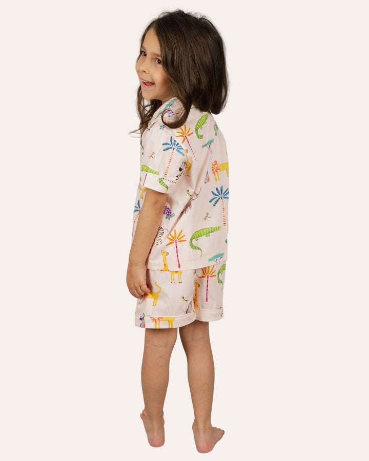Girls Short Pyjamas Safari Pink Back - Woodstock Laundry