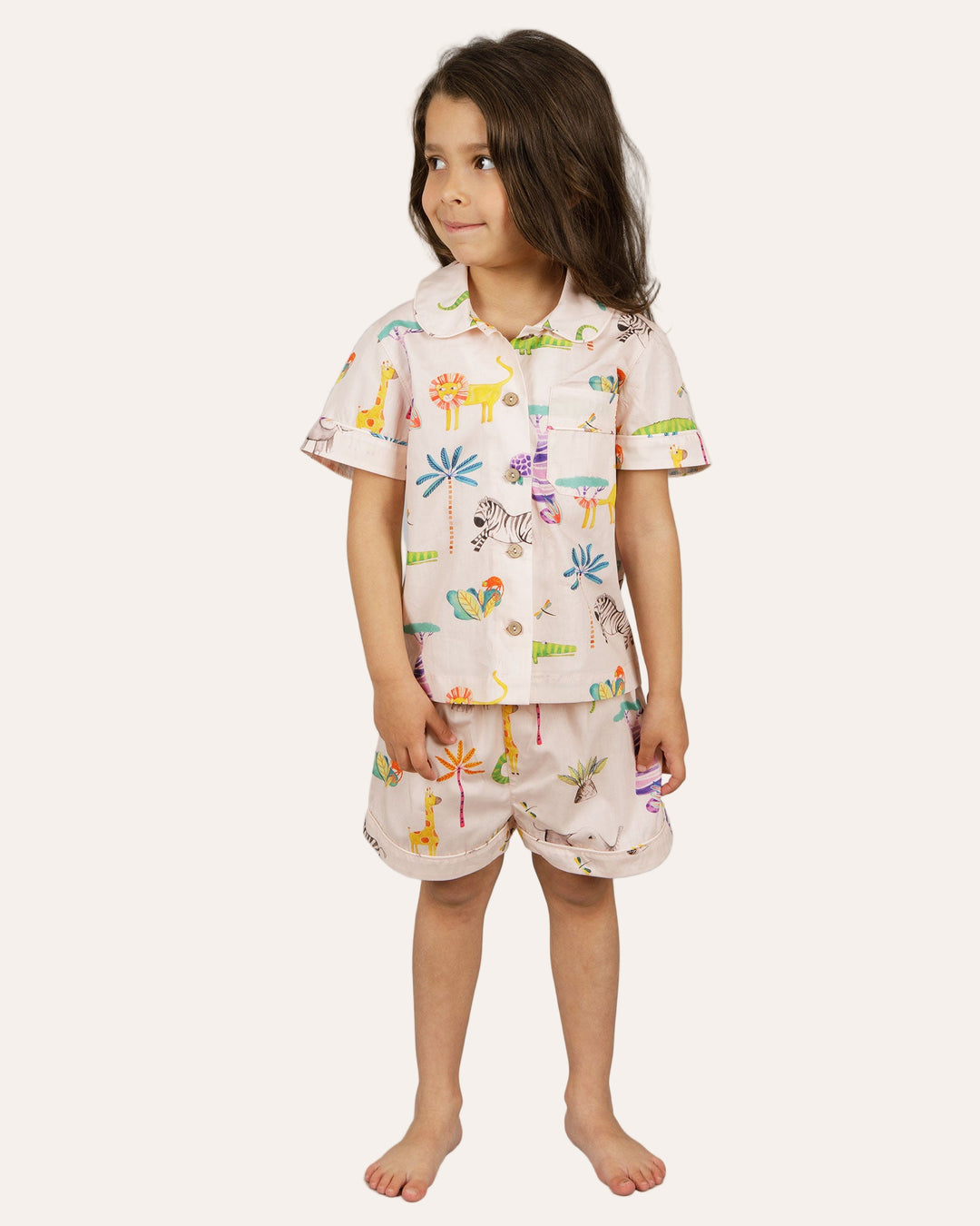 Girls Short Pyjamas Safari Pink Front - Woodstock Laundry