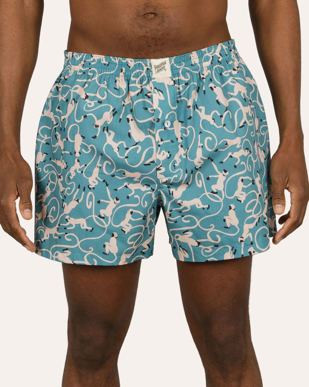 Mens Boxer Shorts Monkeys Teal Front - Woodstock Laundry