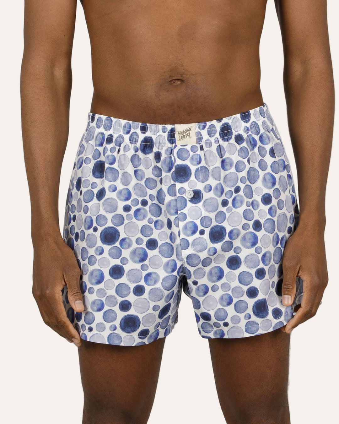 Mens Boxer Shorts Blue Dots Front - Woodstock Laundry