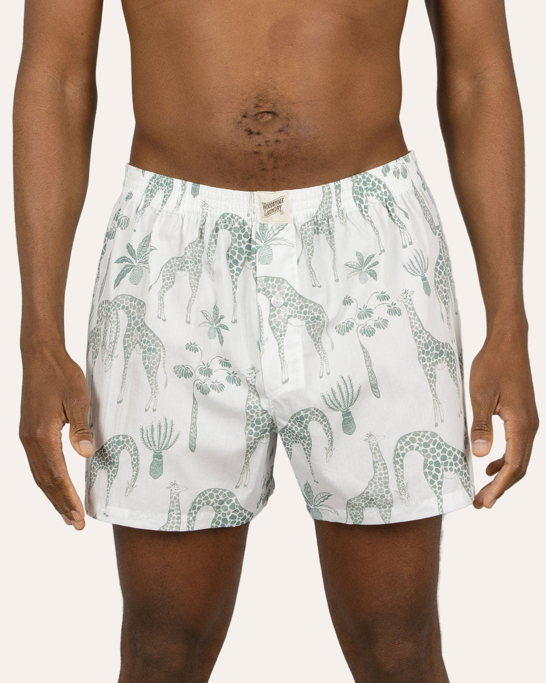 Mens Boxer Shorts Giraffes Green Front - Woodstock Laundry