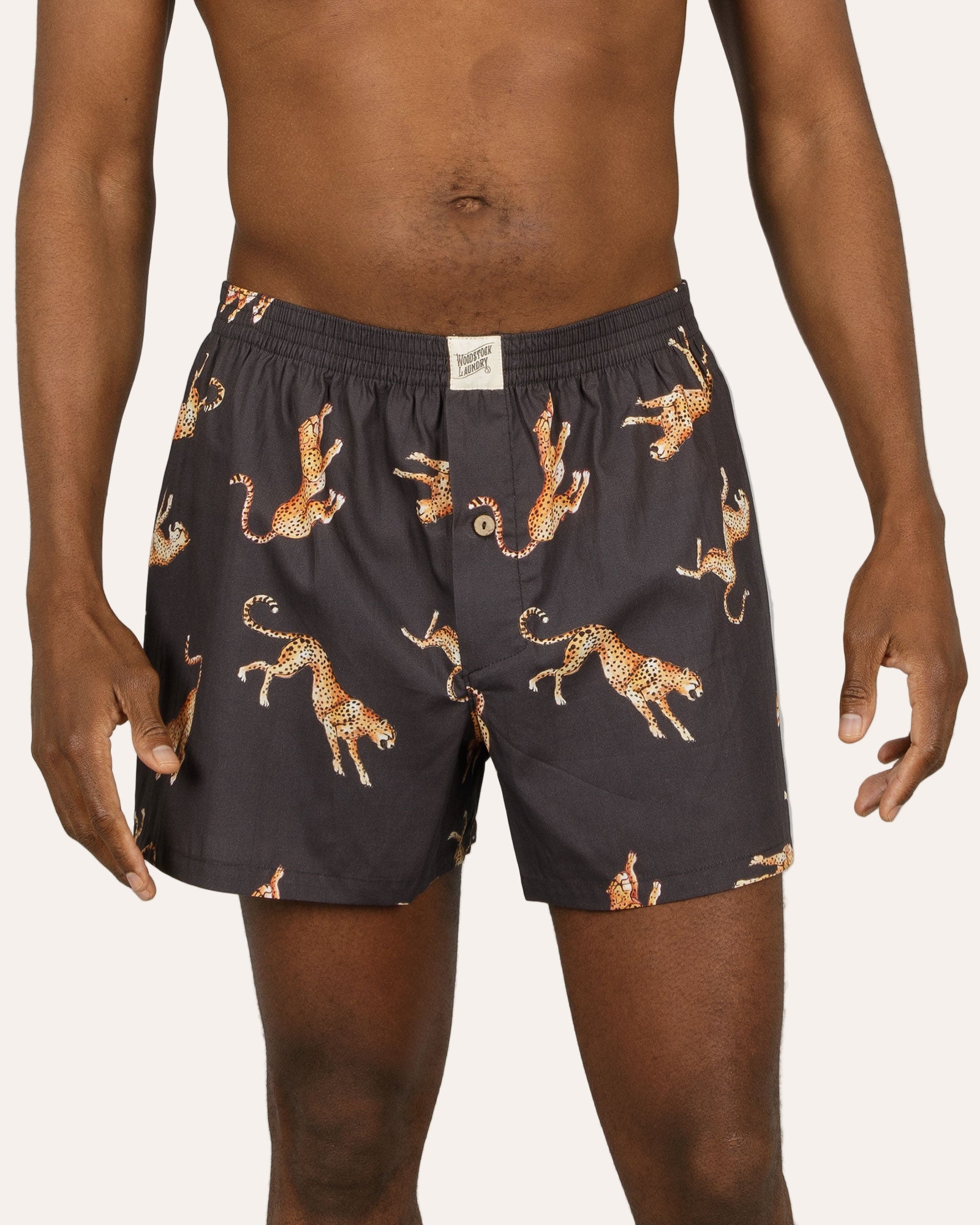 Funky Mens Boxer Shorts - Jumping Cheetah on Charcoal