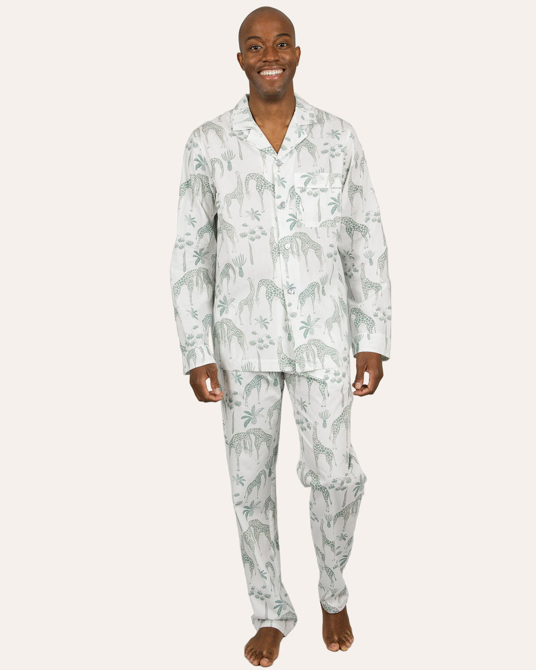 Mens Long Pyjamas Giraffes Green Front - Woodstock Laundry
