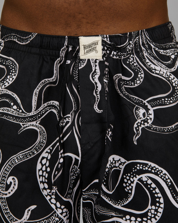 Mens Lounge Shorts Octopus Black Close - Woodstock Laundry