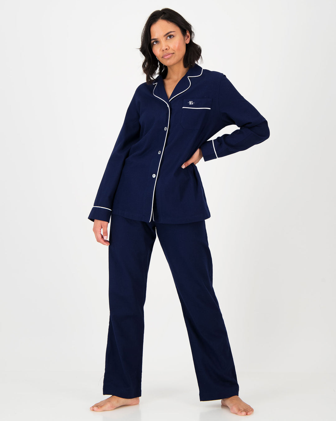 Womens Flannel Pyjamas Navy with White Piping - Woodstock Laundry SA
