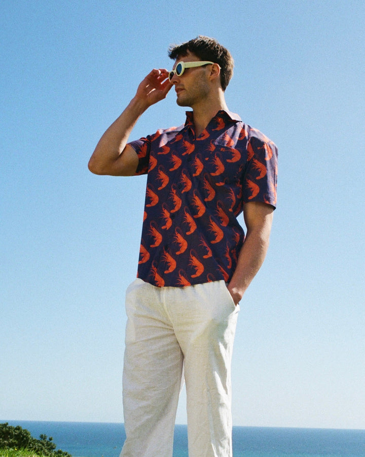 Mens Holiday Shirt - Orange Ibiza Prawns on Navy