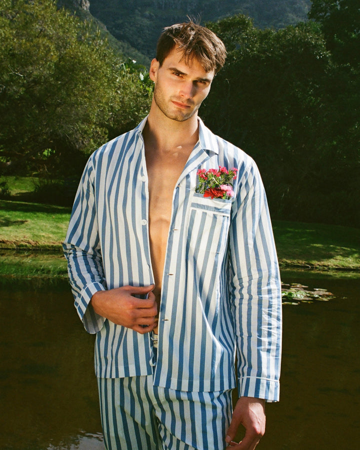 Mens Long Pyjamas - Beach Stripe on White