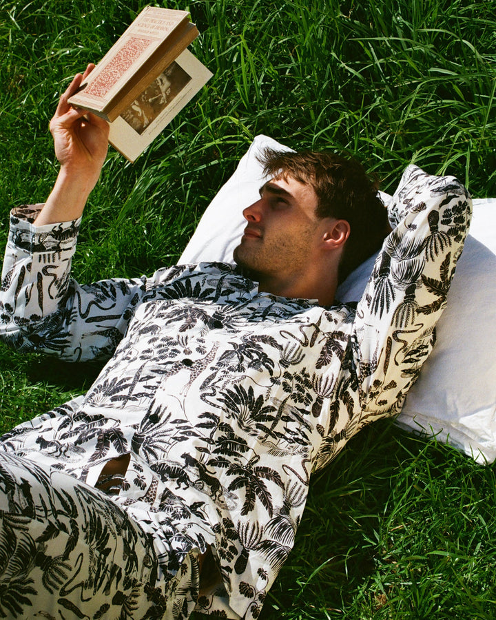 Mens Long Pyjamas - Black Mono Safari on White